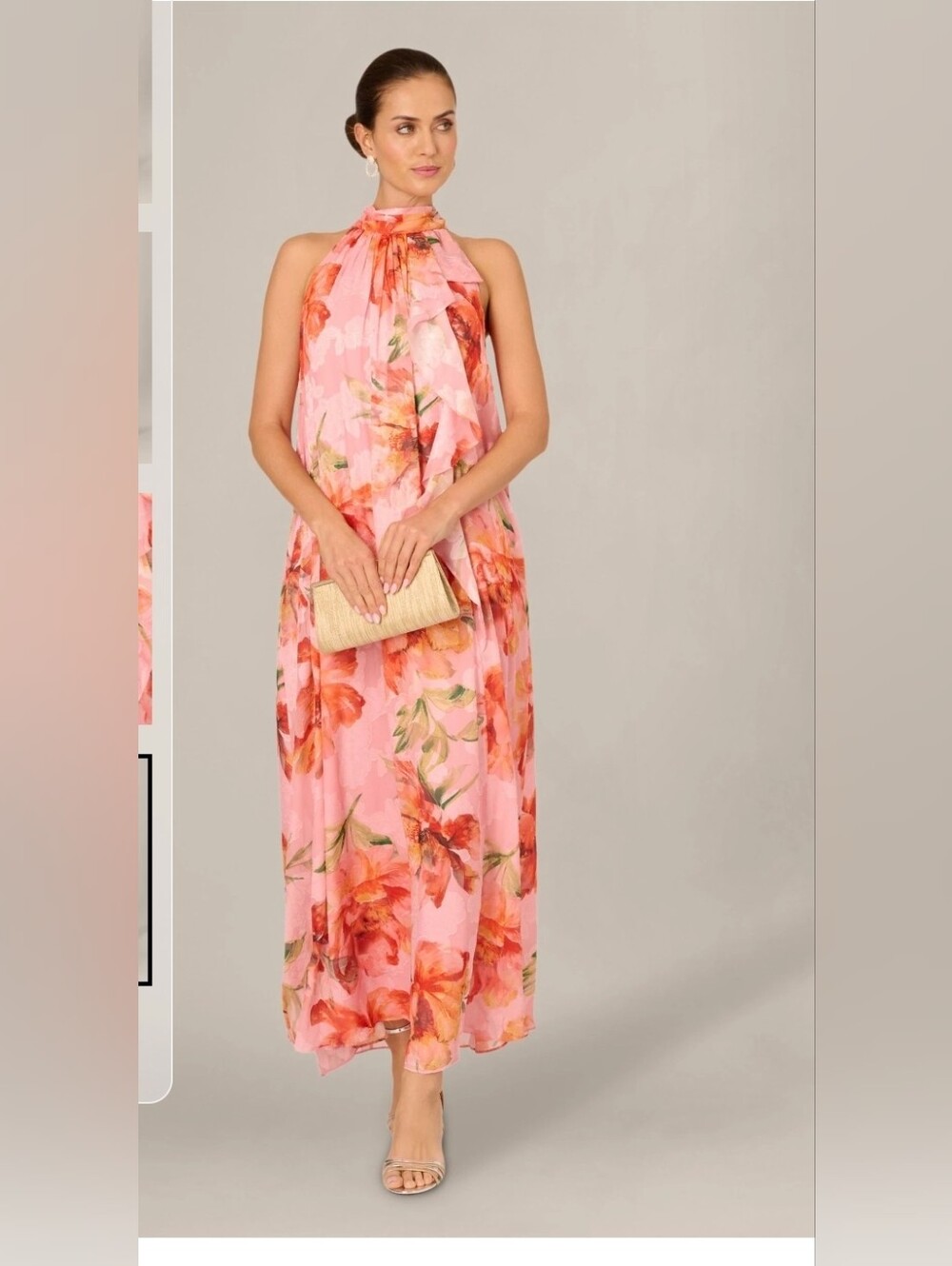 Adrianna Papell Pink Floral Halter Mock-Neck Maxi Dress with Orange Blooms Sz 4